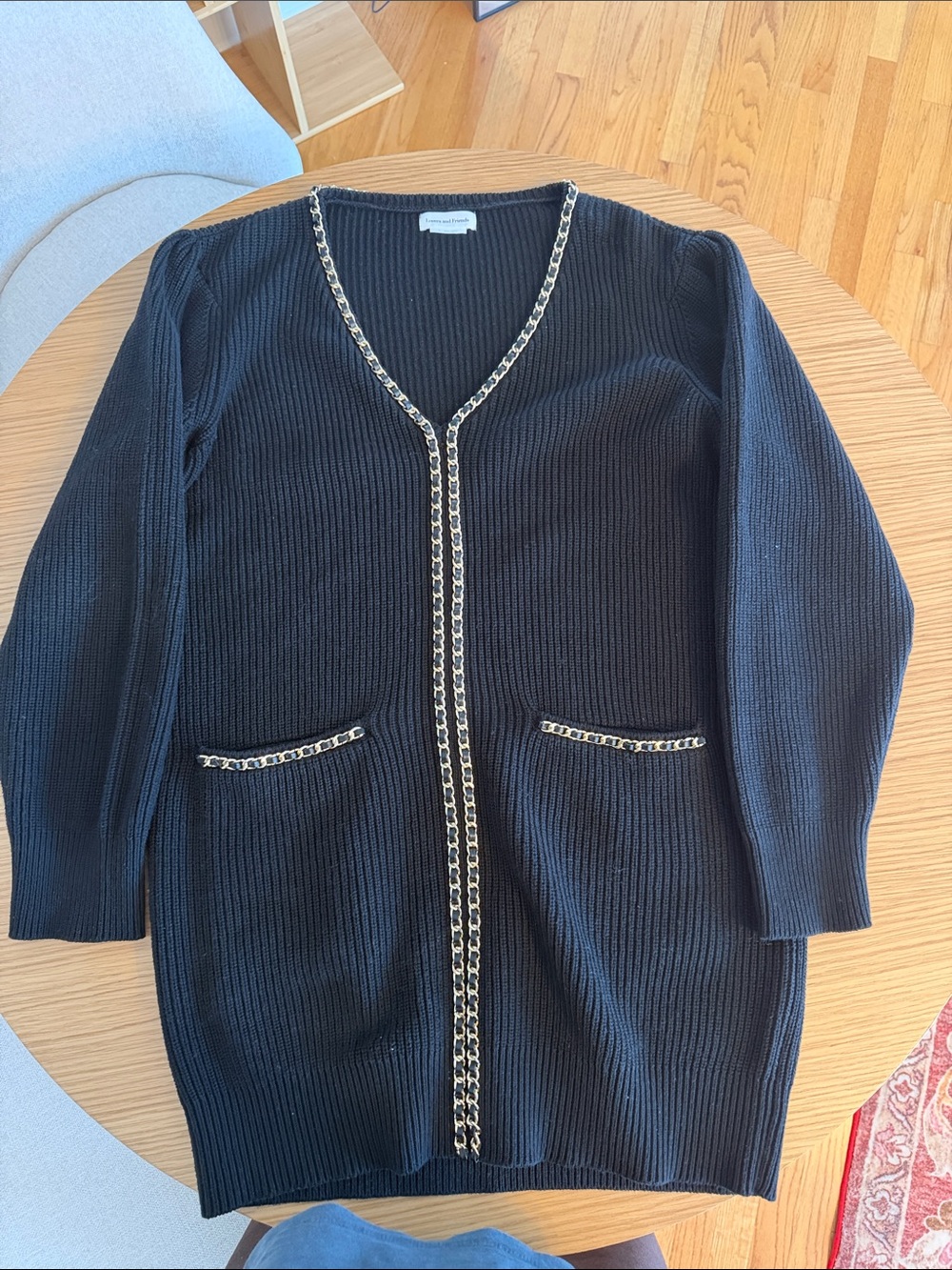 Lovers + Friends Black Ribbed Cardigan with Gold Chain Trim